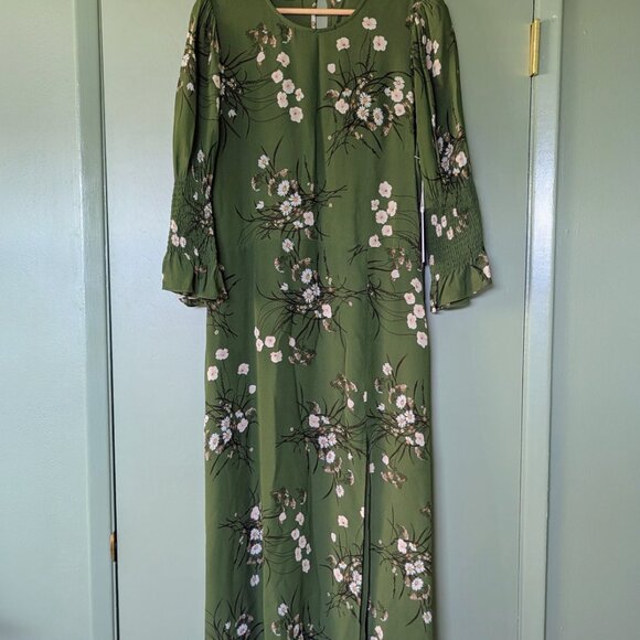 NWT REFORMATION Carolena Lomita Green Floral Smocked Midi Dress Slit Size 12 - Picture 3 of 15